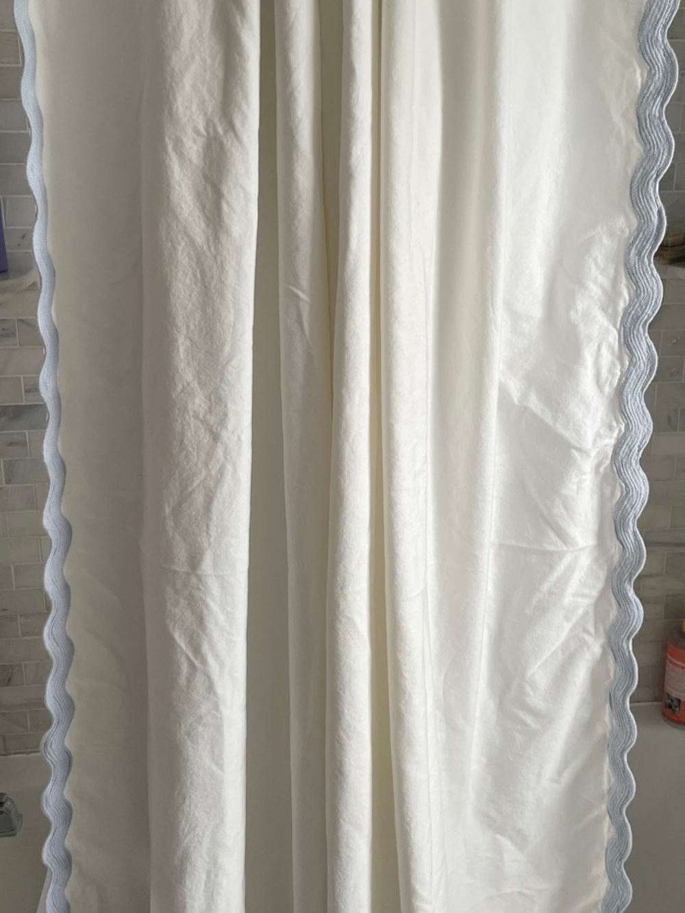 Anthropologie Shower Curtain with Light Blue Scalloped Edge